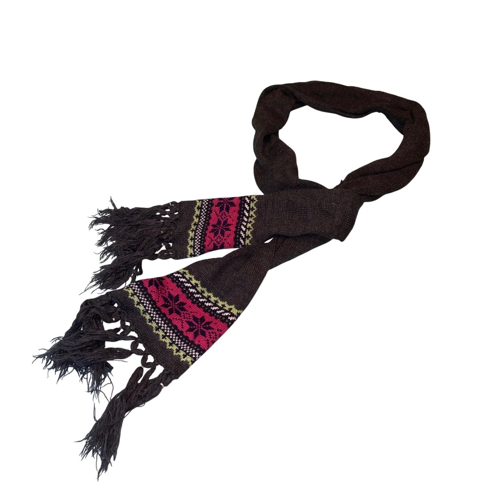 Scarf Grey Pink Brown Fair Isle Tassel Trim Boho Nordic Cottagecore Whimsigoth